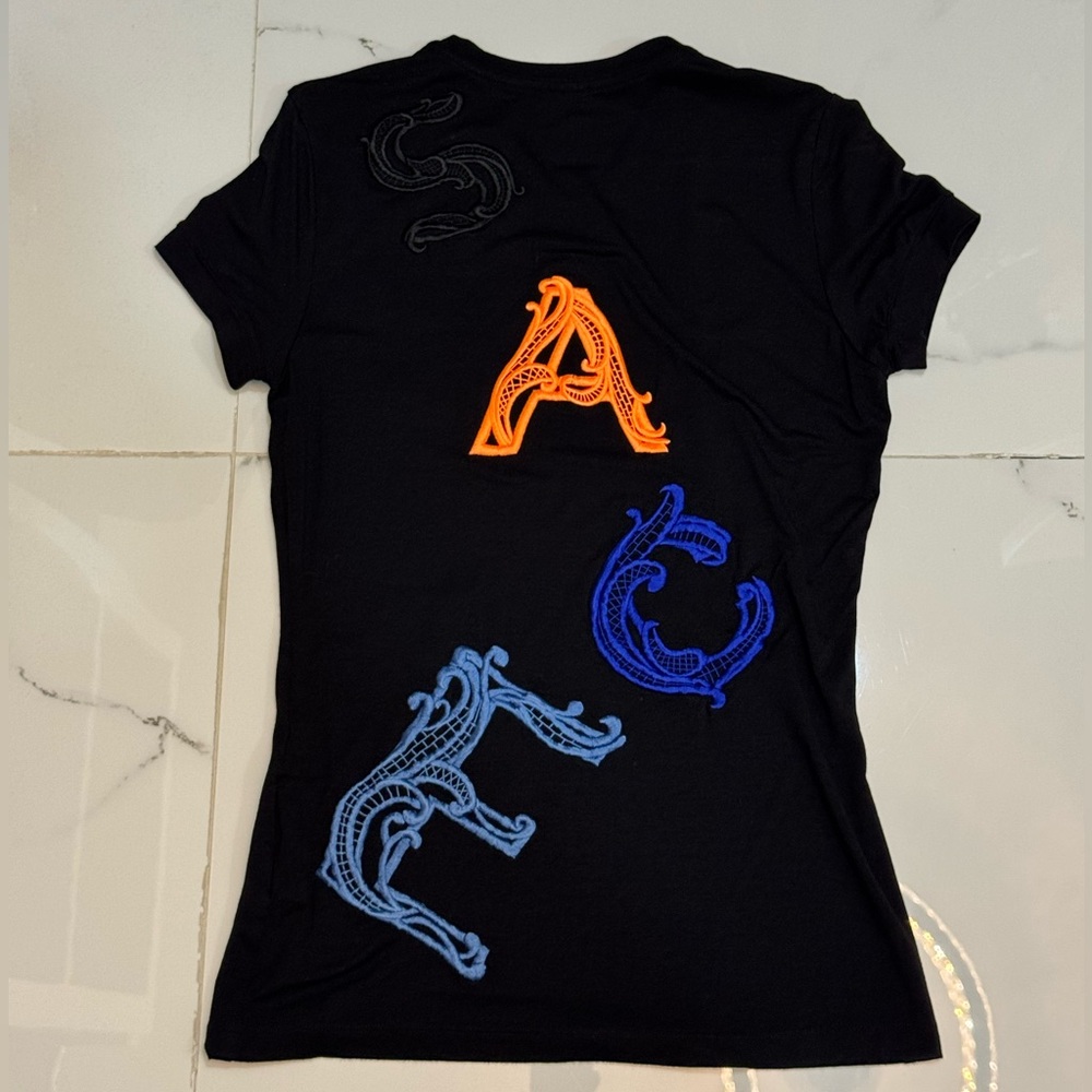 Versace Black Tee with Orange and Blue Accents